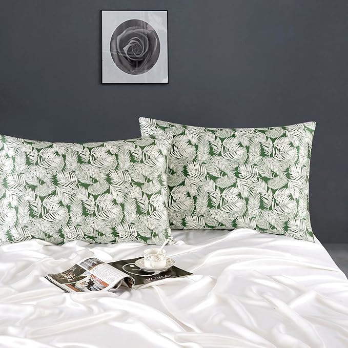 ZIMASILK 100% Pure Mulberry Silk Pillowcase for Hair and Skin Health,Both Sides 19 Momme Silk Floral Print,1pc(Queen 20''x30'',White Leaves) - Bloomnest