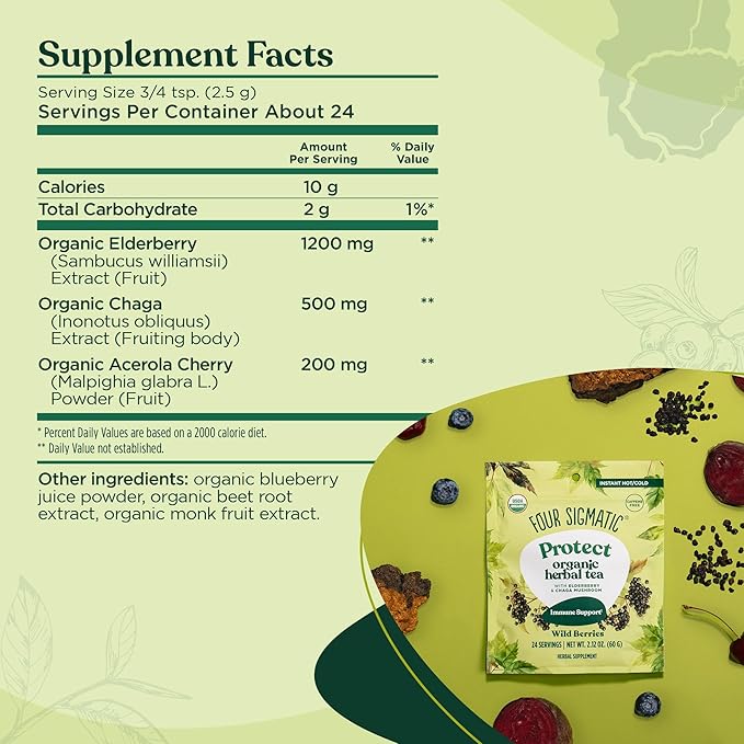 Four Sigmatic Protect Organic Herbal Tea | Immunity Tea w/Chaga & Adaptogens | Organic Chaga Tea w/Antioxidant-Rich Cherry, Elderberry & Blueberry | Vegan, Gluten-Free | Wild Berries, 24 Servings - Bloomnest