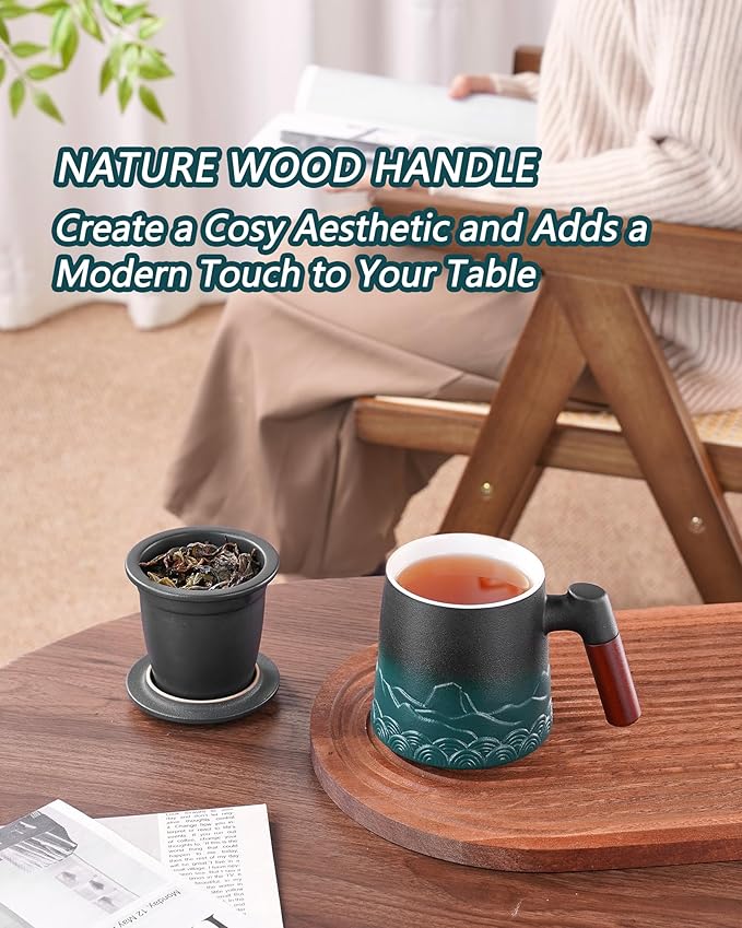 ZENS Tea Cup with Infuser and Lid for Loose Leaf Steeping, 16.9oz Embossed Ceramic Tea Infuser Mug, Wood Handle Tea Diffuser, Great Gift