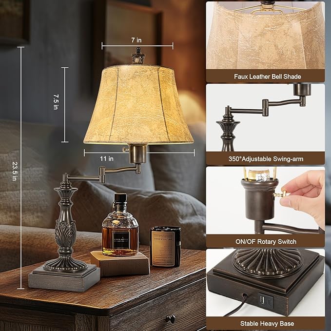 23.5" Rustic Traditional 350° Adjustable Swing Arm Table Lamp Set of 2 with USB A+C Ports Brown Finish Faux Leather Shade Vintage Nightstand lamp for Living Room Bedroom Office (Bulb Included)