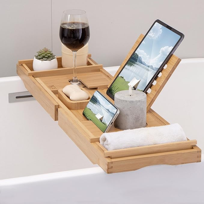 XcE Bamboo Bathtub Caddy Tray - Expandable to 41 Inches with Book Stand, Soap Holder & Anti-Slip Pads for Luxury Bath Spa, Natural - Bloomnest