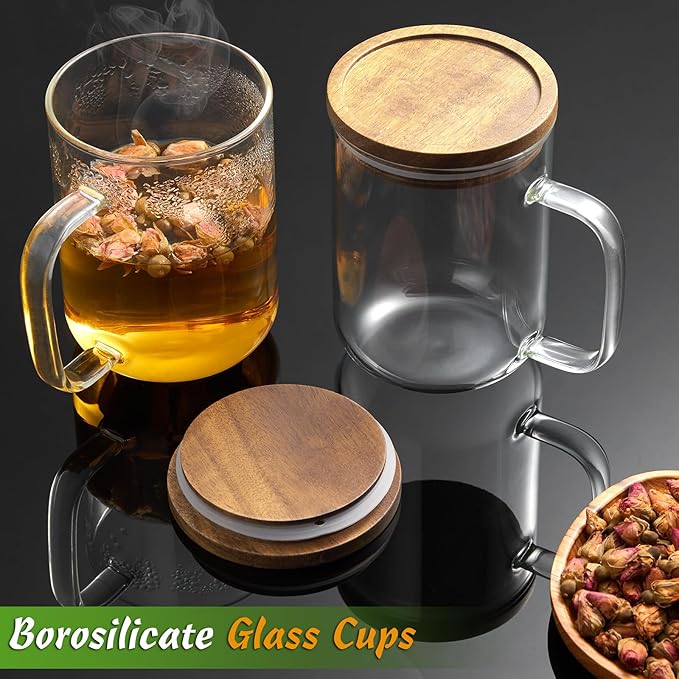 DRASTAR Glass Coffee Cups, 20 oz Large Coffee Mugs, Flat Bottomed Cups with Acacia Wood Lid, Glass Tea Cup with Handle, ClearTea Cup Set of 4 - Bloomnest