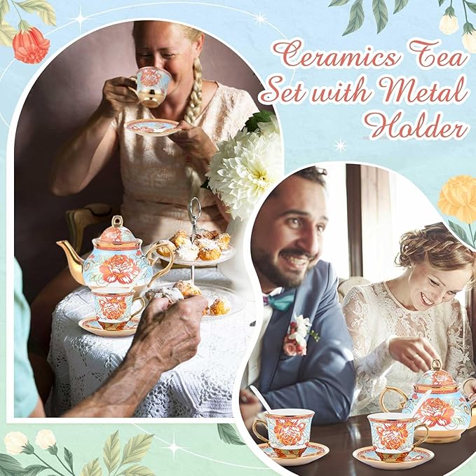 Zhehao 20 Pcs Porcelain Tea Set with Metal Holder and Spoon Adult Ceramic Tea Set European Flower Painting Teapot Cup Saucer Spoon for Women, Large Version(Retro Style) - Bloomnest
