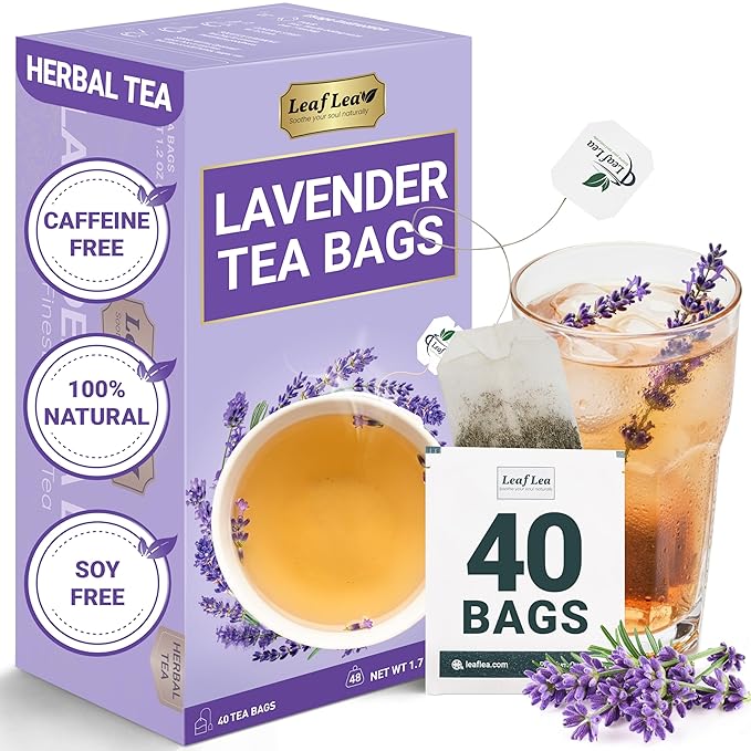LeafLea 40 Premium Lavender Tea Bags, Natural Lavender Flowers, Lavendar Herbal Tea with Delicate Floral Aroma & Smooth Flavor, Relaxing Evening Infusion, No Caffeine, No Sugar, Individually Wrapped - Bloomnest