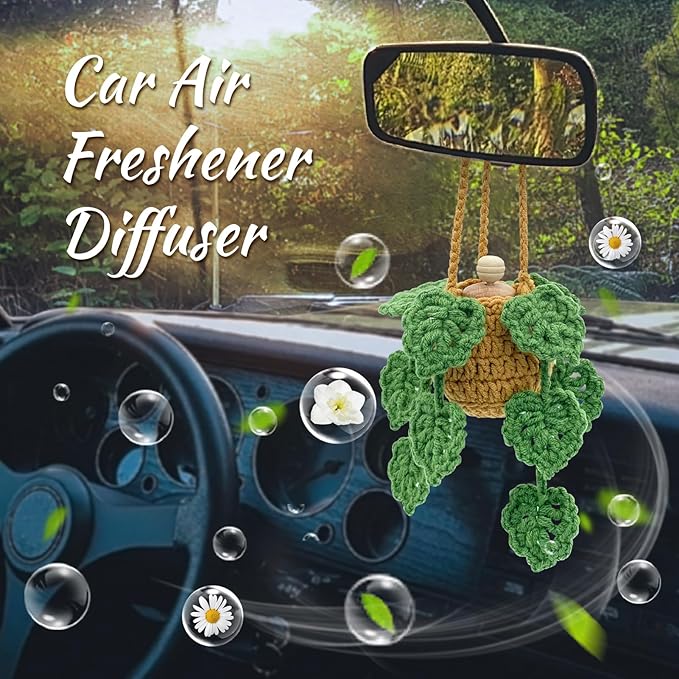Crochet Car Air Freshener, 15ml Empty Refillable Oil Diffuser Bottle with Hanging Crochet Plant for Car Rearview Mirror Decor, Handmade Home&Office Decor - Bloomnest