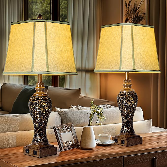 28.5'' Tall Farmhouse Vintage Table Lamp Set of 2 with Faux Silk Shade USB Ports Nightlight Decor for Bedside Living Room Bedroom Nightstands Office Home, Dark Bronze(Bulbs Included) - Bloomnest