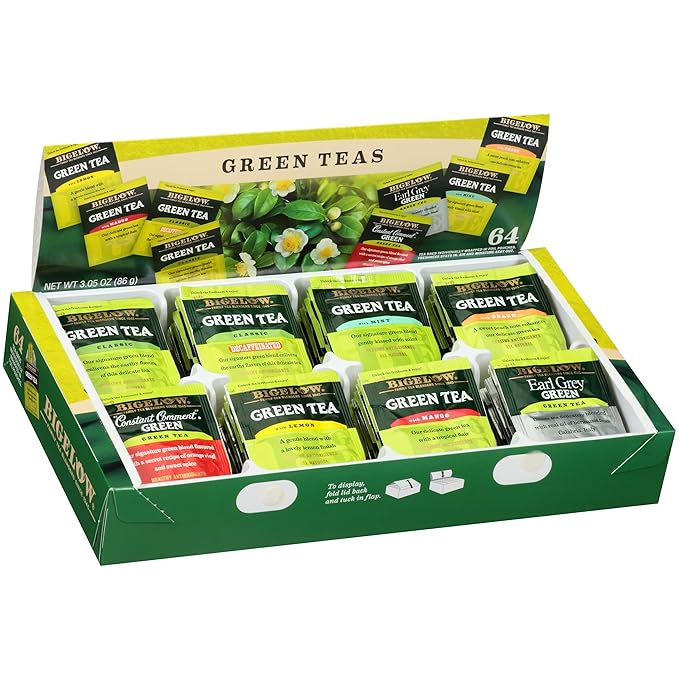 Bigelow Tea Green Tea Assortment, Individually Wrapped Tea Bags with Classic, Decaffeinated, Mint, Peach, Constant Comment, Lemon, Mango, and Earl Grey Teas, 64 Tea Bags (Pack of 1) - Bloomnest