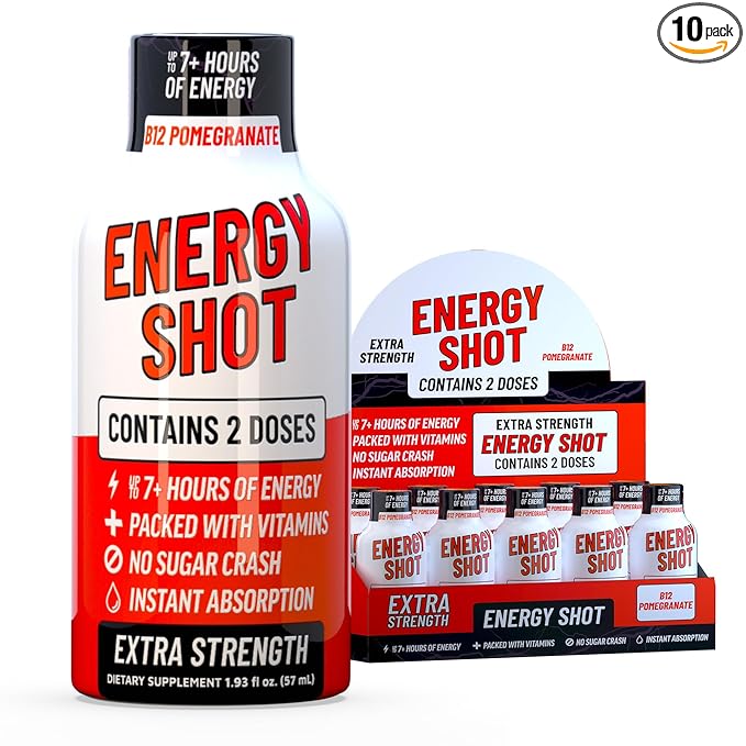 B12 Açaí Pomegranate Extra Strength Energy Shot 10 pk – 260mg Natural Caffeine B12 B6 – Energy & Vitality Support – 2 Servings Sugar Free Zero Calorie Green Tea B-Vitamins Electrolytes Vegan – 1.93 fl oz - Bloomnest