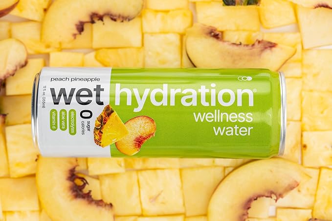 Wet Hydration | Functional Wellness Water, Non-Carbonated - Peach Pineapple (12 Ounce Cans, Pack of 12) - Flavored Water, Hydration Drink, No Sugar, No Artificial Ingredients, Zero Calories (Packaging May Vary) - Bloomnest