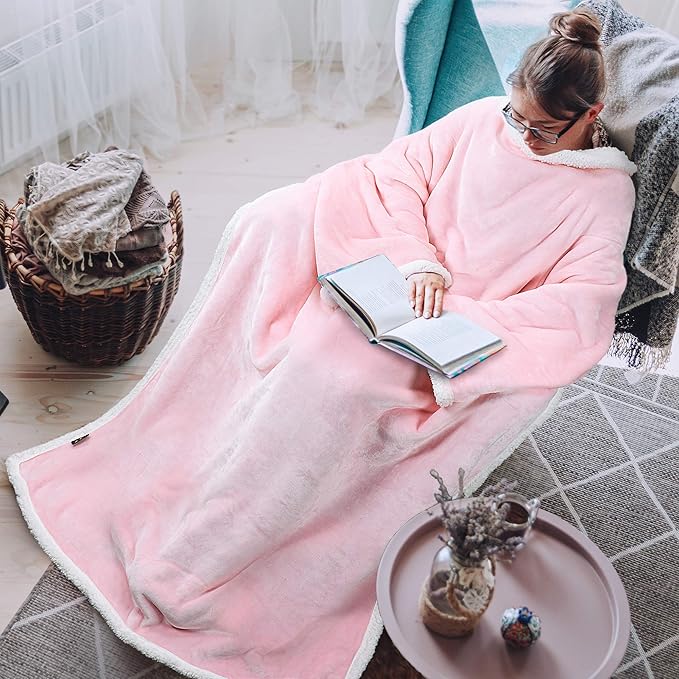 Tirrinia Sherpa Wearable Blanket With Sleeves, Full Body Throw Reading Wrap TV Blankets - Bloomnest