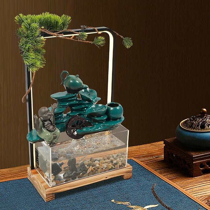 Zen Tabletop Fountain with LED Lights, Handcrafted Ceramic Waterfall Decoration with Fish Tank, Tea Set & Pine Tree for Home/Office, Relaxing Gift for Stress Relief & Good Fortune