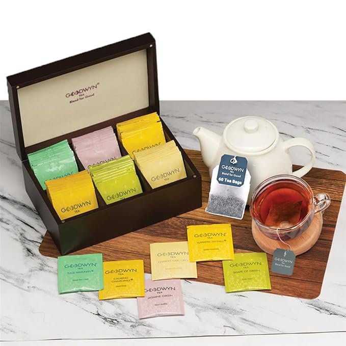 Goodwyn Assorted Tea Sampler Box – 60 Individually Wrapped Tea Bags | Premium Herbal, Black & Green Tea Collection in Reusable Wooden Chest | 6 Flavors x 10 Each: Darjeeling, English Breakfast, Green, Jasmine, Kahwa, Peppermint | Ideal Gift Set - Bloomnest