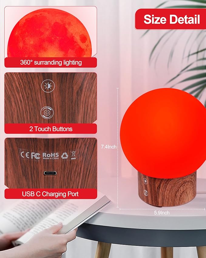 630nm Red Light Therapy Night Light Lamp for Bedroom Sleep Red Moon Nightlight Desk Lamp with 4-Color and 5-Brightness Options 30-120Min Timer Remote Control USB C Charging Elegant Design - Bloomnest