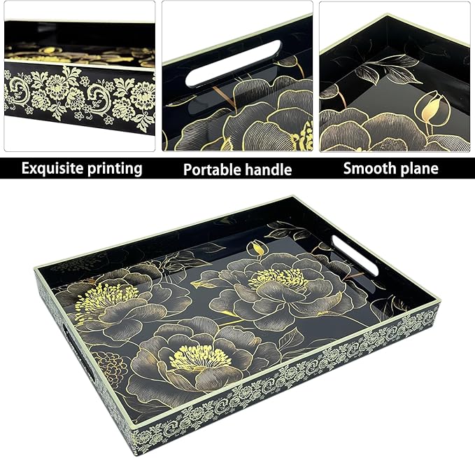 Serving Tray with Handles, 15.7 * 11.8 inches, Plastic Ottoman Tray with Exquisite Paintings, Trays for Coffee Table - Bloomnest