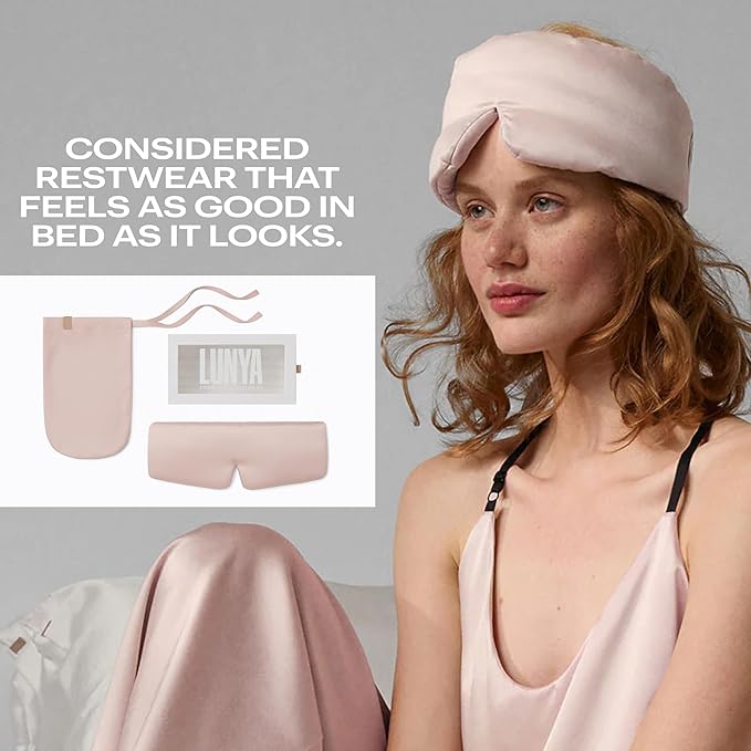 Lunya Washable Silk Sleeping Mask – Thermoregulating Mulberry Silk, Light Blocking and Comfortable Fit – Sleep Mask for Women and Men with Box – Delicate Pink – Large