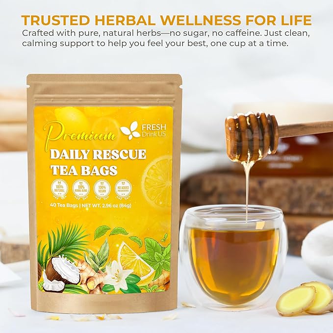 FreshDrinkUS, Premium 40 Tea Bags Daily Rescue Lemon Ginger Tea - 9 Superherbs – 100% Natural Ingredients, Tea Mix for Wellness Boost - Shelf-Stable, Caffeine-Free, Sugar-Free, Vegan - Bloomnest