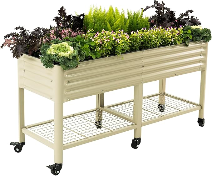 Rolling Elevated Raised Garden Bed-V Series, 2' x 6' Garden Beds with Legs & Storage Rack for Patio & Porch, 1000 Lbs Weight Capacity, Outdoor Planter Box for Vegetables Flower Herbs, Pearl White - Bloomnest