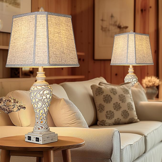 28.5" Table Lamps Set of 2 - Bedside Lamp with Fabric Shades - for Bedroom and Living Room with USB and Nightlight - Perfect for Nightstands and Bedrooms - Bloomnest