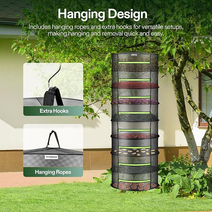 VIVOSUN 8-Layer Mesh Drying Rack Hanging Design with Green Zippers for Dehydrating, Indoor and Outdoor Pruning Shears Included - Bloomnest