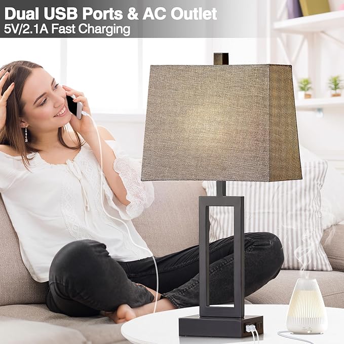 Touch Control Table Lamps Set of 2, Modern Bedside Lamps with USB A+C Ports & AC Outlet, 3 Way Dimmable Contemporary Nightstand Lamps for Bedroom Living Room Gray(LED Bulb Included) - Bloomnest