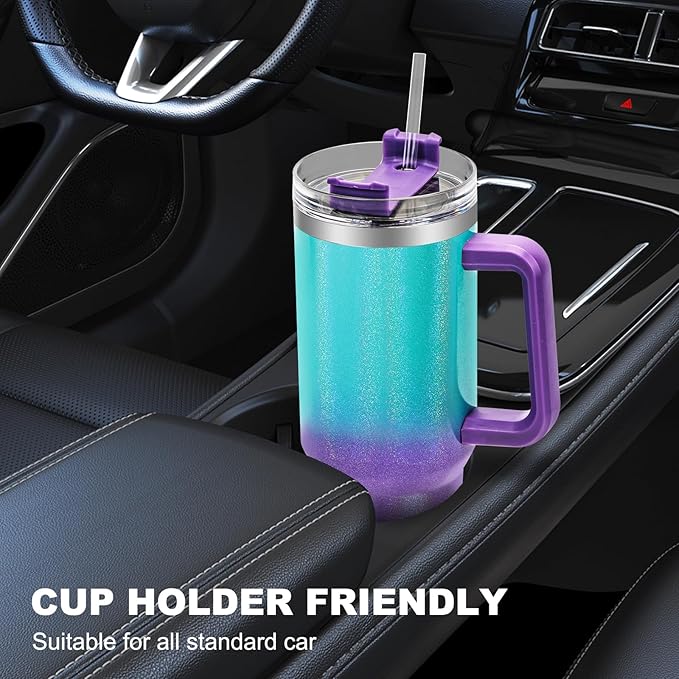 40 oz Tumbler with Handle and Straw Lid, Vacuum Insulated Leak Proof Double Walled Stainless Steel Glitter Travel Mug Tumblers, Maintains Cold Ice and Heat for Hours(Green Purple Gradient) - Bloomnest