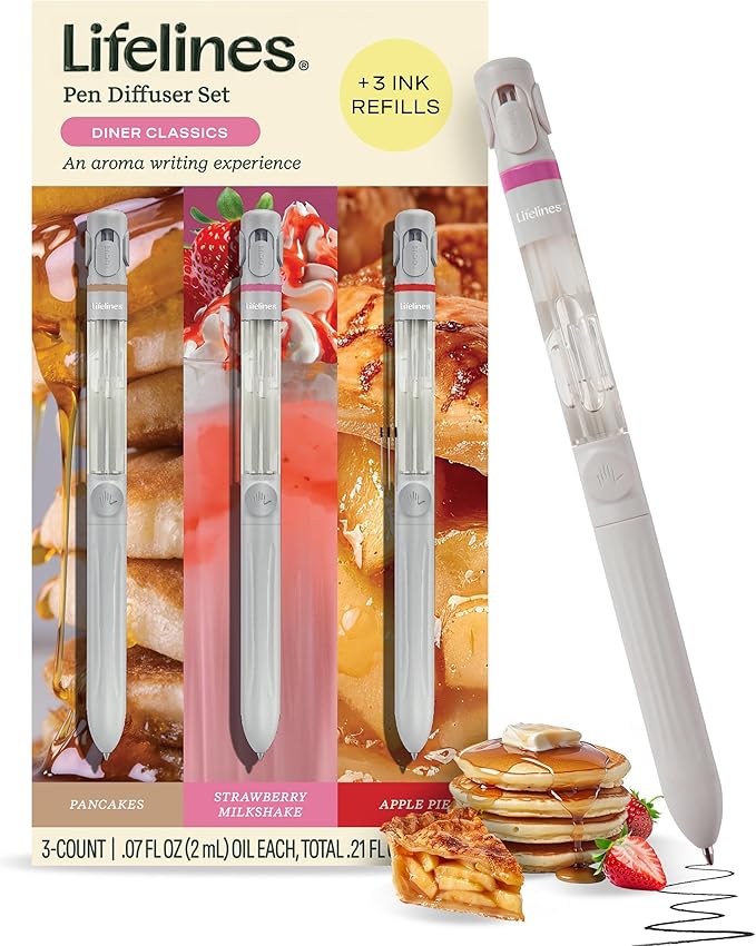 Lifelines Pen Diffuser Set, Diner Classics 3-Pack - 1mm Black Ballpoint Pens with Scented Essential Oil Blends – Aromatherapy Diffuser & Sensory Immersion Diffuse Aroma As You Write - Bloomnest