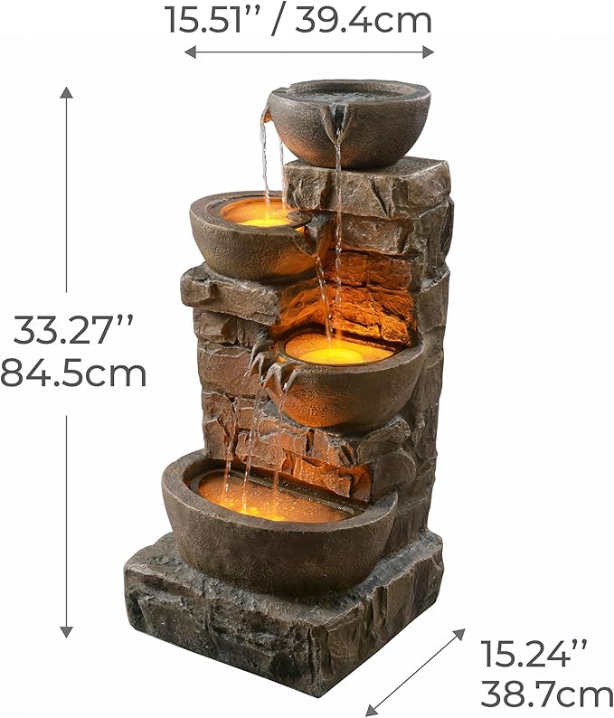 Teamson Home 33.27" Outdoor Freestanding Water Fountain with LED Lights, Cascading Bowls & Stacked Stones, Floor Fountain for Patio, Garden, Balcony, Lawn, Yard Decor, Brown Polyresin - Bloomnest