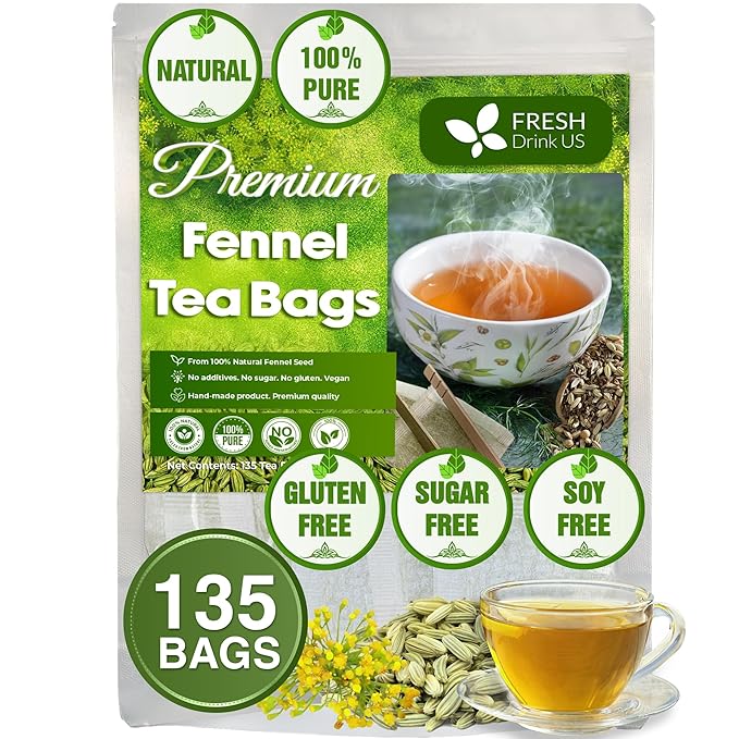 FreshDrinkUS, Premium 135 Fennel Tea Bags, 100% Natural & Pure from Fennel Seeds. Fennel Seed Herbal Tea. Fennel Seed Tea. Made with Natural Material Tea Bags. No Sugar, No Caffeine, No Gluten, Vegan. - Bloomnest
