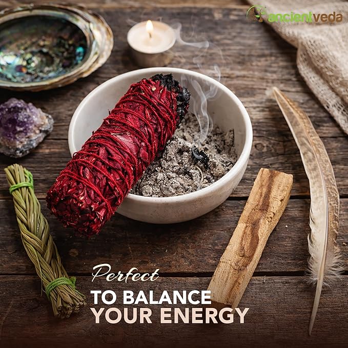 Ancient VEDA Organic Smudge Kit – Dragon's Blood, Palo Santo, Sweetgrass Braid, Feather & Smudge Guide | Home Cleansing Kit for Meditation, Yoga, Energy Healing (Starter Kit, Dragon's Blood Sage) AncientVeda