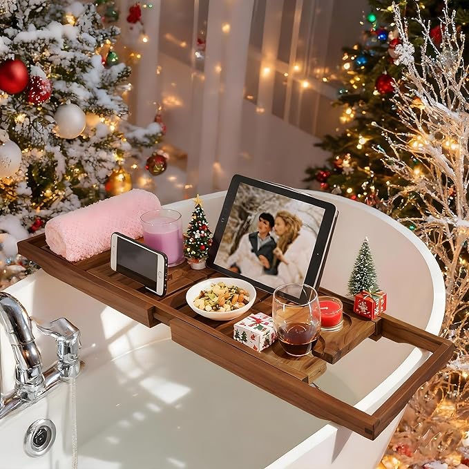 VaeFae Premium Teak Bathtub Tray, Expandable Wooden Bath Tray for Tub, Luxury Bathtub & Bathroom Accessories, Great House Warming, Anniversary & Wedding and Birthday Gifts (Free Teak Body Brush) - Bloomnest