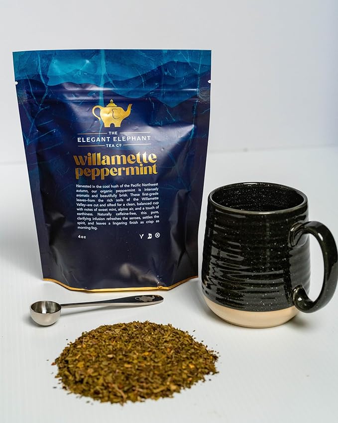 Willamette Peppermint Tea, Organic Loose Leaf Mint Herbal Tea – Soothing, Caffeine-Free – Refreshing Hot or Iced – 4 oz Resealable Bag (Makes 50 Cups) – The Elegant Elephant - Bloomnest