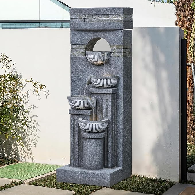 42.52" Outdoor Garden Water Fountain with Lights Floor-Standing 4 Tiers Cascading Large Waterfall Fountain for Patio, Backyard, Deck, Porch and Home Art Decor