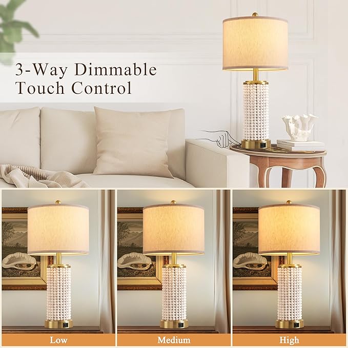 Wood Beaded Table Lamp Set of 2 for Living Room Bedroom Touch Control 3-Way Dimmable 24.5" Farmhouse Table Lamps Rustic Nightstand Bedside Lamps(2 Bulbs Included) - Bloomnest