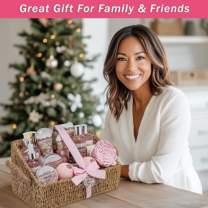 Bath Spa Gift Sets - Luxury Basket With Rose Oil & Peony - Spa Kit Includes Wash, Bubble Bath, Lotion, Bath Salts, Body Scrub, Body Spray, Shower Puff, Bathbombs, Soap and Towel - Bloomnest