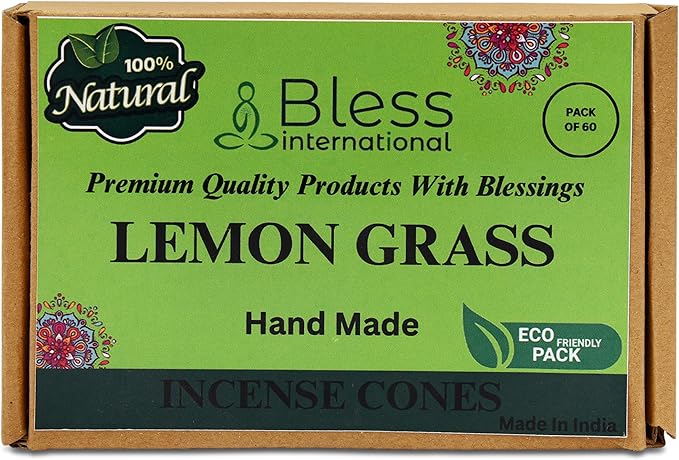 Bless International Lemon Gras 100%-Natural-Incense-Cones Handmade-Hand-Dipped Organic-Chemicals-Free for-Purification-Relaxation-Positivity-Yoga-Meditation The-Best-scents (60 Count) BlessInternational