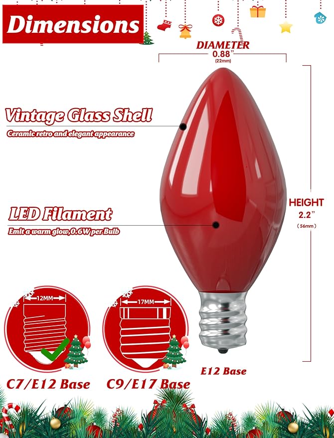 SUNSGNE Christmas Replacement Light Bulbs, C7 LED Ceramic Glass Multicolor Christmas Bulbs, 25 Pack, C7/E12 Candelabra Base, 0.6 Watt - Bloomnest
