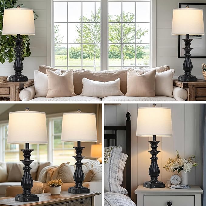 28" Farmhouse Table Lamps Set of 2 for Living Room, 3 Way Dimmable Bedside Lamp with USB C+A Ports & AC Outlet, Resin Vintage Tall Nightstand Lamps for Bedroom Office Hallway, Black - Bloomnest