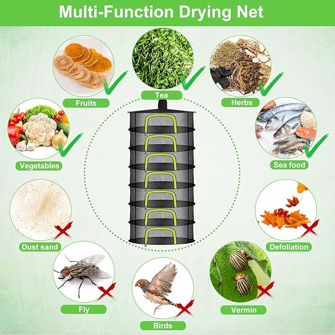 7 Layer Herb Drying Rack, Herb Drying Rack Hanging Mesh, Foldable Bud Drying Net with U-Shaped Zipper, Hooks, for Drying Herbs Plants, Flowers, Fruits, Food, Camping (7 Layers-23.62'') - Bloomnest