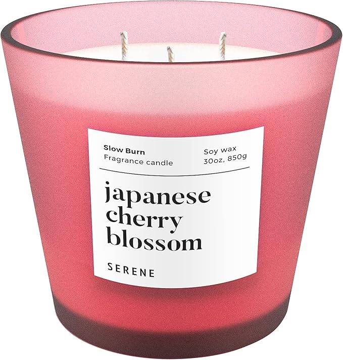 Hidden Label Large Scented Candle, Japanese Cherry Blossom, 30oz 3 Wick Huge Candle, Serene Collection Slow Burn Natural Soy Candles for Home Scented - Bloomnest