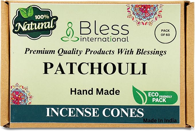 Bless International Patchouli 100%-Natural-Incense-Cones Handmade-Hand-Dipped Organic-Chemicals-Free for-Purification-Relaxation-Positivity-Yoga-Meditation The-Best-scents (60 Count) BlessInternational