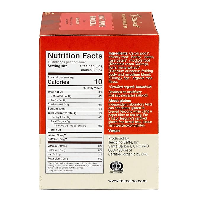 Teeccino Caffeine-Free Mushroom Adaptogenic Herbal Tea - Lion’s Mane Rhodiola Tea - Rose, 3x More Herbs than Regular Teas, Lightly Sweet from Dates & Figs, Chicory Prebiotic - 10 Tea Bags - Bloomnest