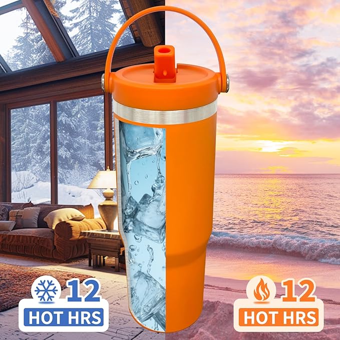 30 oz Tumbler with Handle, Double Wall Vacuum Insulated Tumblers with Flip Straw, Coffee Mug 30oz Powder Coated Cup for Hot and Cold Drinks(Orange,4 pack)