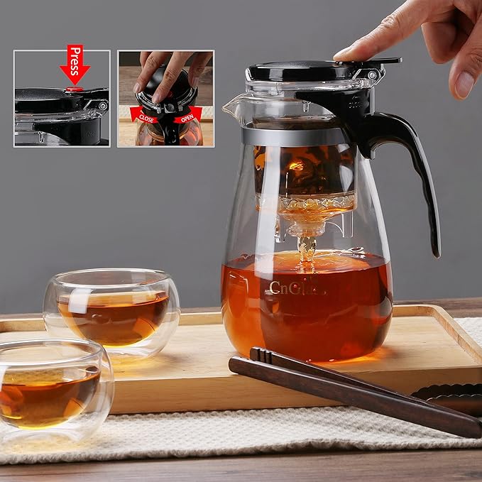 CNGLASS Glass Teapot with Removable Infuser,30.5oz Clear Tea Kettle with One Button Press to Filter the Tea Soup,Loose Leaf and Blooming Tea Maker - Bloomnest