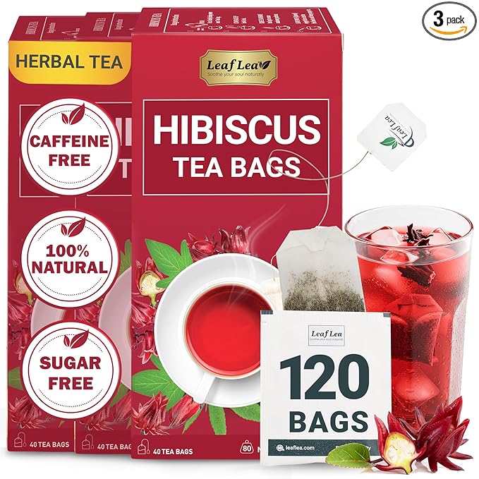 LeafLea 120 Hibiscus Tea Bags, 100% Pure Natural Hibiscus Flowers Herbal Tea, Natural Red Hibiscus Flower Tea, Te de Hibisco, Caffeine-Free, No Sugar, Vegan, Non-GMO, Rich in Flavor & Color, Pack of 3 - Bloomnest