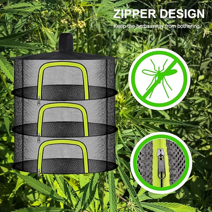 3 Layer Herb Drying Rack, Herb Drying Rack Hanging Mesh, Foldable Bud Drying Net with U-Shaped Zipper, Hooks, for Drying Herbs Plants, Flowers, Fruits, Food, Camping (3 Layers-23.62'') - Bloomnest