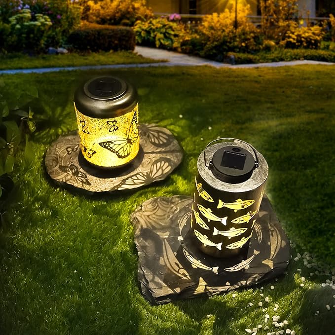 HONGLAND Solar Hanging Lanterns Outdoor, Waterproof Hollowed-Out Fish Design with Warm White LED, Auto On/Off Solar Lantern for Garden, Patio, Porch Decor - Bloomnest