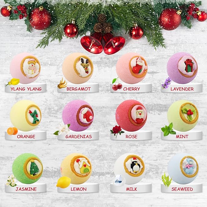 Christmas Bath Bombs for Kids with Surprise Toys Inside - Kids Advent Calendar Bathbombs -12 Pack Safe Fizzy Balls Made with Extracted Essential Oils Bubble Bath Bombs Kids Christmas Gifts - Bloomnest