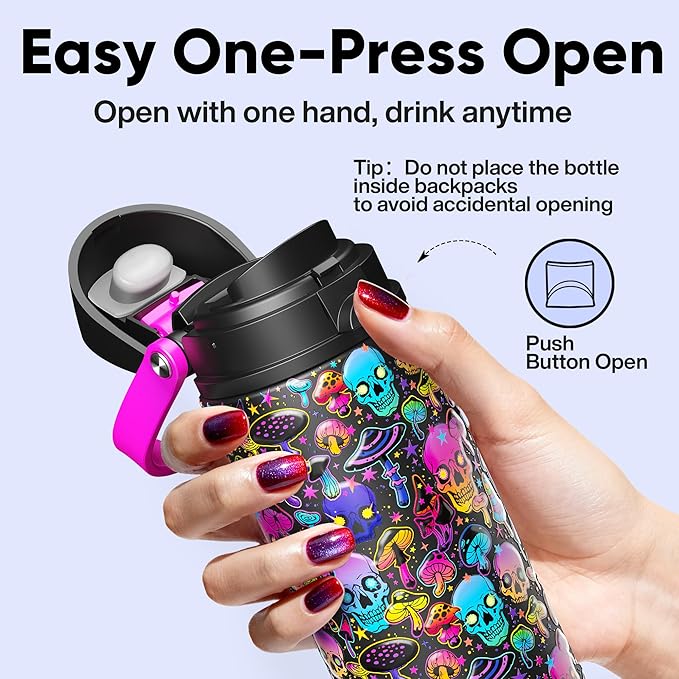 Insulated Water Bottle with Straw - Encool Stainless Steel Water Bottle with Push Button Lid, Leak-Proof & BPA-Free, Keeps Cold for 24 Hours for Sports, Travel, Gym (24 oz, Trippy Skulls) ENCOOL