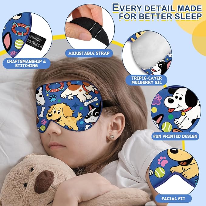 Kids Silk Sleep Mask: 100% Mulberry Silk Eye Mask with Adjustable Strap, Cute Sleeping Blindfold for Boys Girls Teens, Soft & Lightweight Eye Shade for Travel, Nap, Bedtime (Dogs Style) - Bloomnest