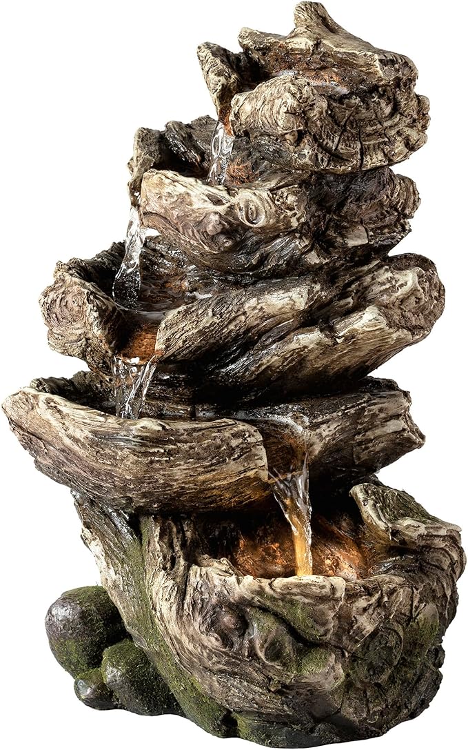 Alpine Corporation WIN1180 11" Indoor Tabletop Waterfall Fountain with LED Lights, 5 Tier Rainforest Garden Fountain, Brown - Bloomnest